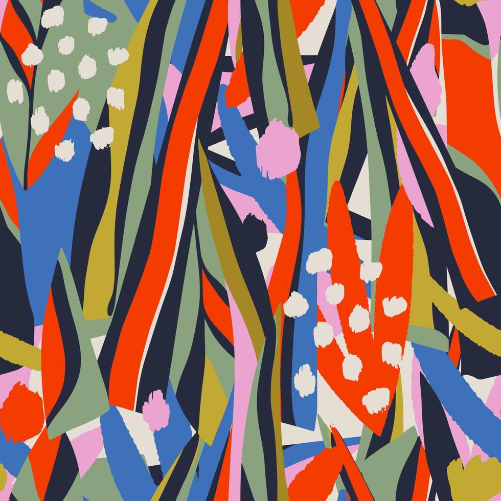 Abstract contemporary seamless pattern with hand drawn shapes, spots, dots and lines with textures. Vibrant boho print. Modern collage vector illustration