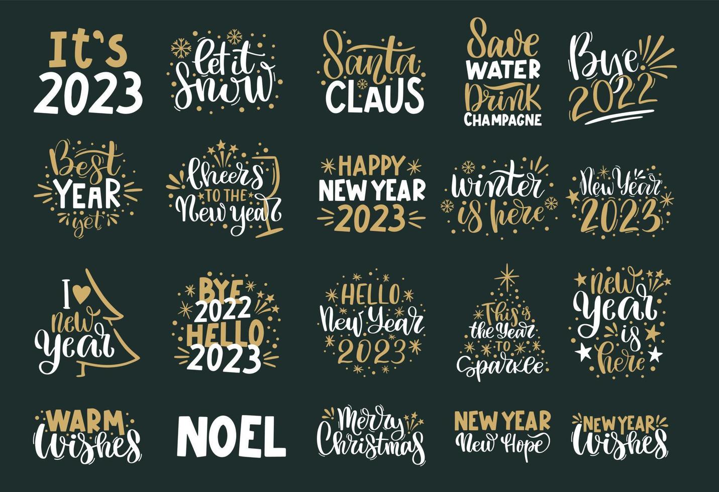 Merry Christmas and Happy New Year lettering. Winter holiday greeting card, xmas quotes and phrases illustration set. Typography collection for banners, postcard, greeting cards, gifts vector