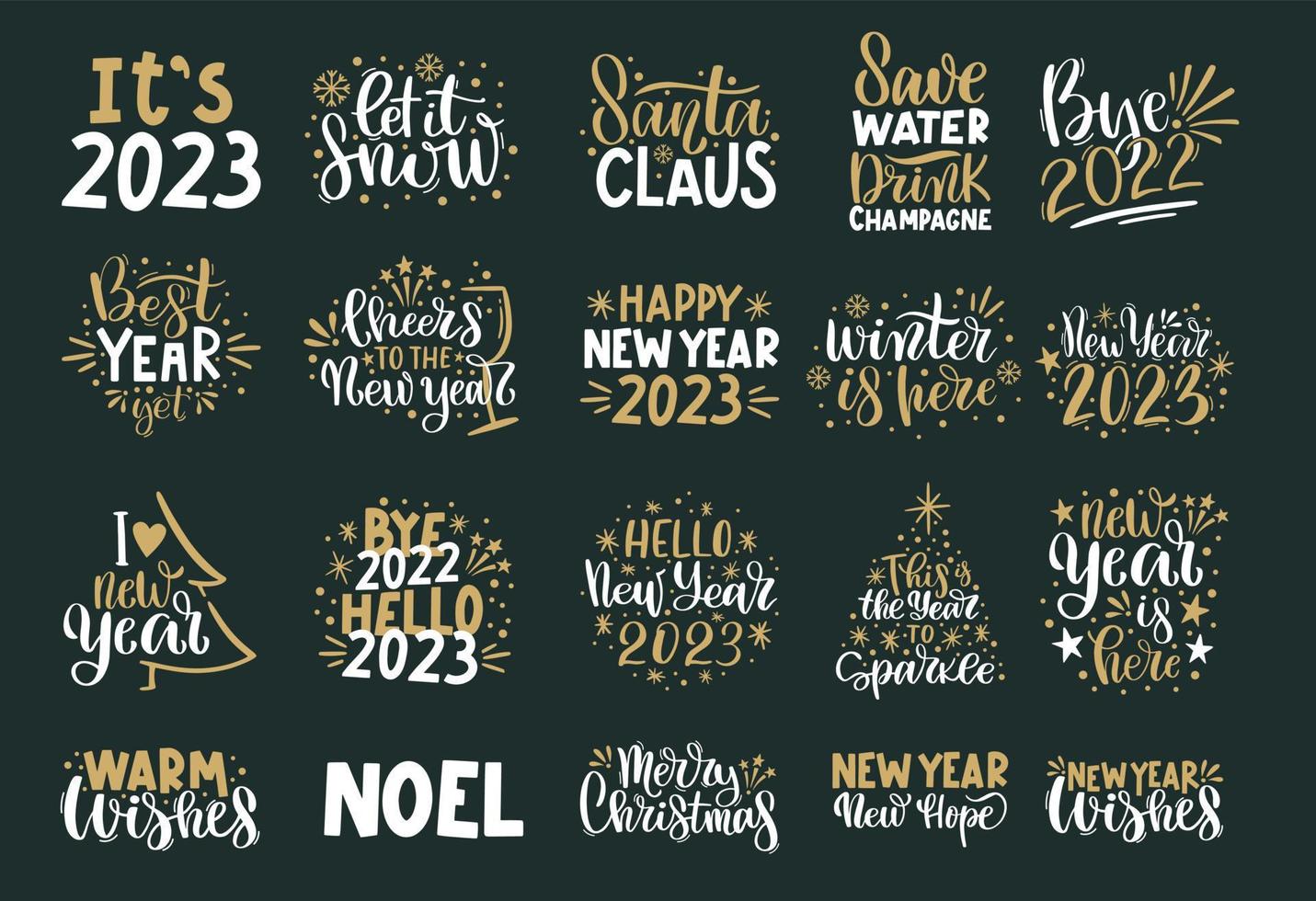 letras de feliz navidad y feliz año nuevo. tarjeta de felicitación de vacaciones de invierno, citas de navidad y conjunto de ilustraciones de frases. colección de tipografía para pancartas, postales, tarjetas de felicitación, regalos vector