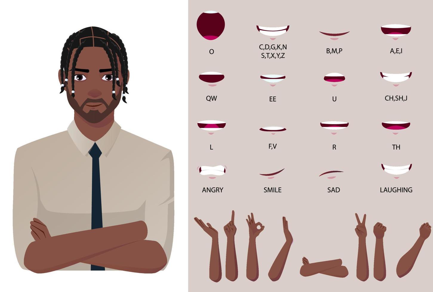 Formal Black Worker Man Character Mouth Animation Lip-sync and hand gestures premium Vector