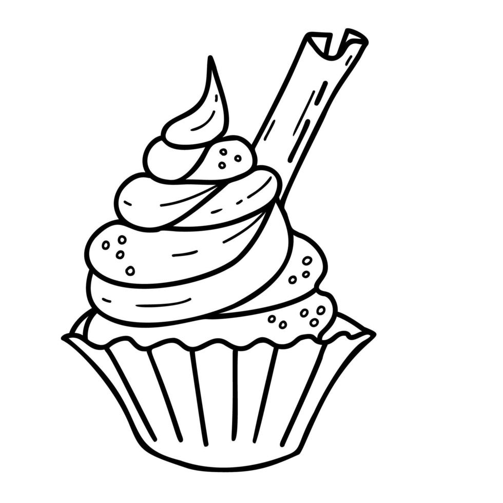 Cake. Cream basket with cinnamon stick. Linear hand drawing vector