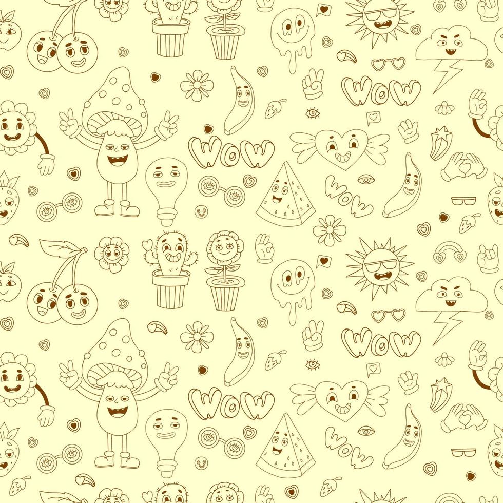 Retro seamless pattern with groovy elements Vector linear hand drawn doodle style. Cartoon characters with faces funky flower power, cactus flower pot, cherry, mushroom, Melting smile face and heart.