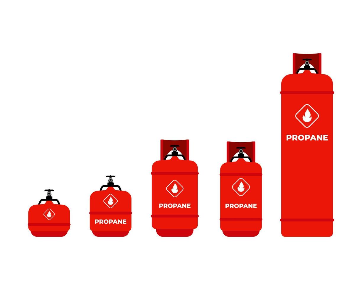 Red cylinder set in flat style. Gas propane transportation cylinders. vector