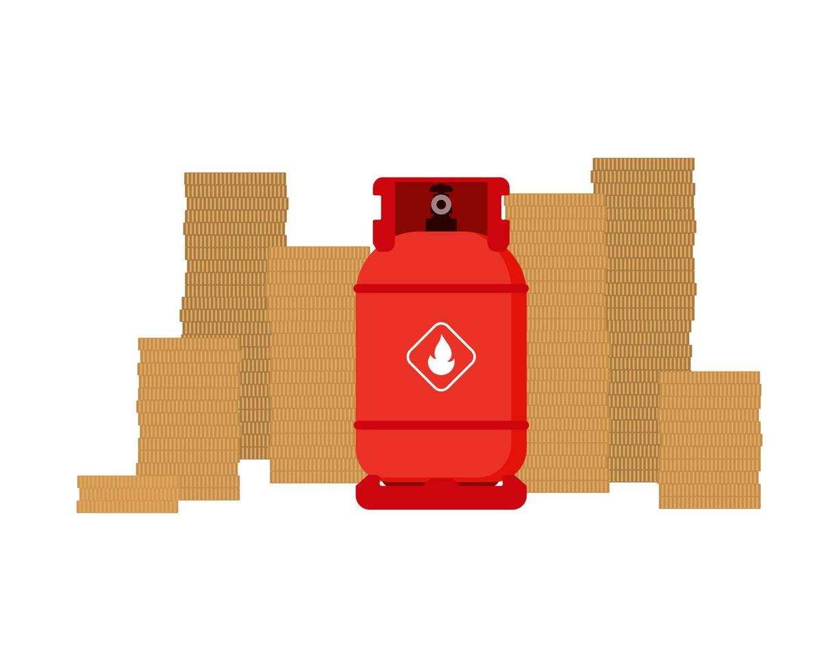 Red gas cylinder with coins. Flat style. vector