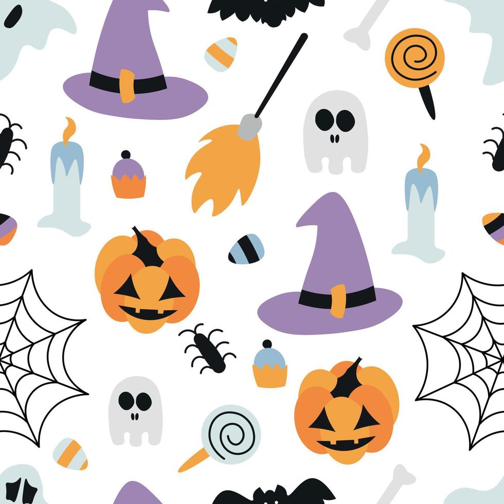 Halloween objects seamless pattern. Background for wallpapers, textiles, papers, fabrics, web pages. Vintage style. vector