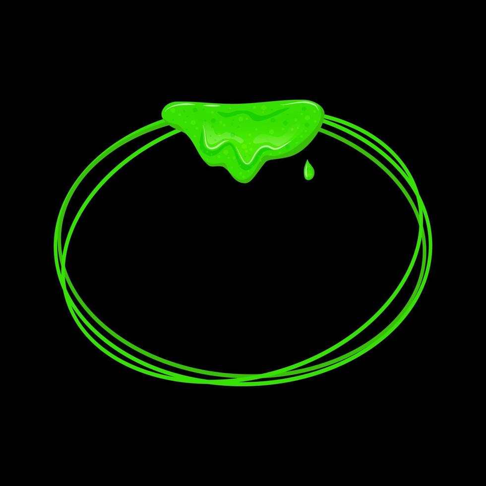 Oval vertical frame with a spill green slime. Dripping toxic viscous liquid. Vector cartoon illustration