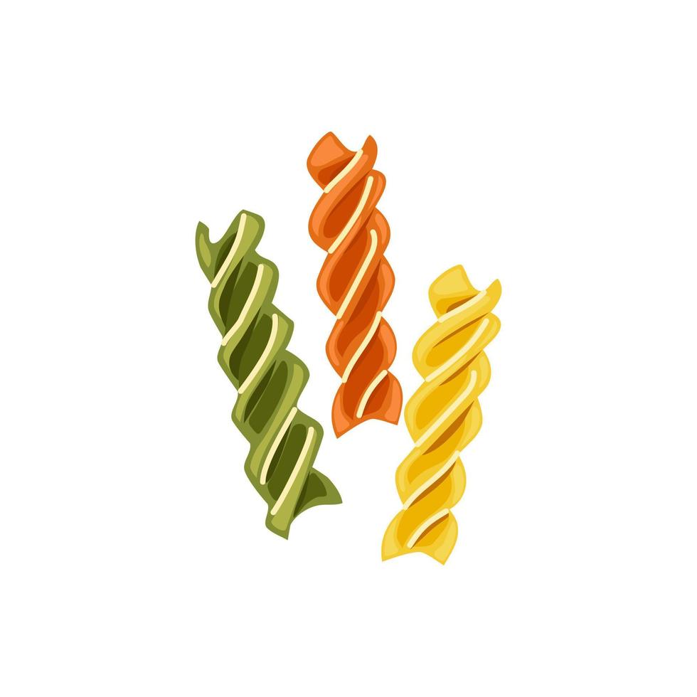 Multicolored pasta fusilli. Symbol of italian cuisine menu. Vector cartoon illustration on a white isolated background