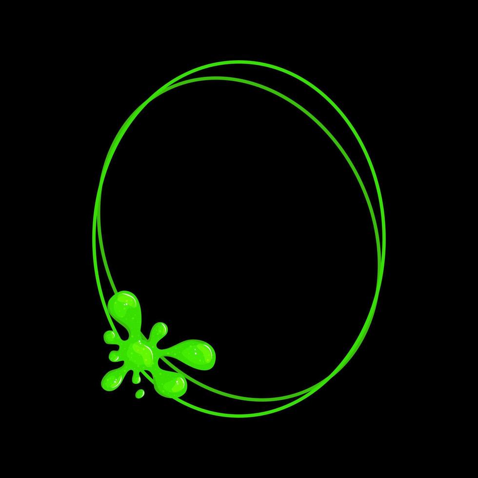 Oval vertical frame with a spill green slime. Dripping toxic viscous liquid. Vector cartoon illustration