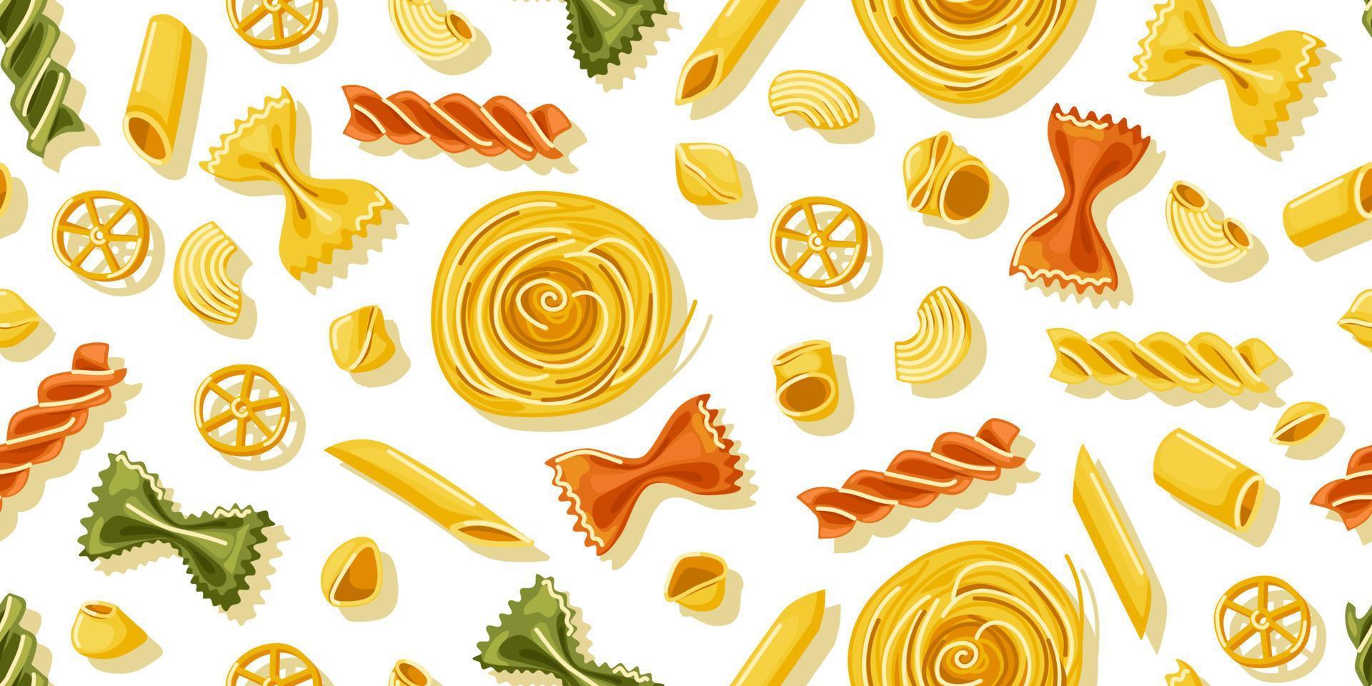 Various pasta seamless pattern. Macaroni background. For decoration of restaurant menu Italian cuisine packaging. Vector cartoon illustration.