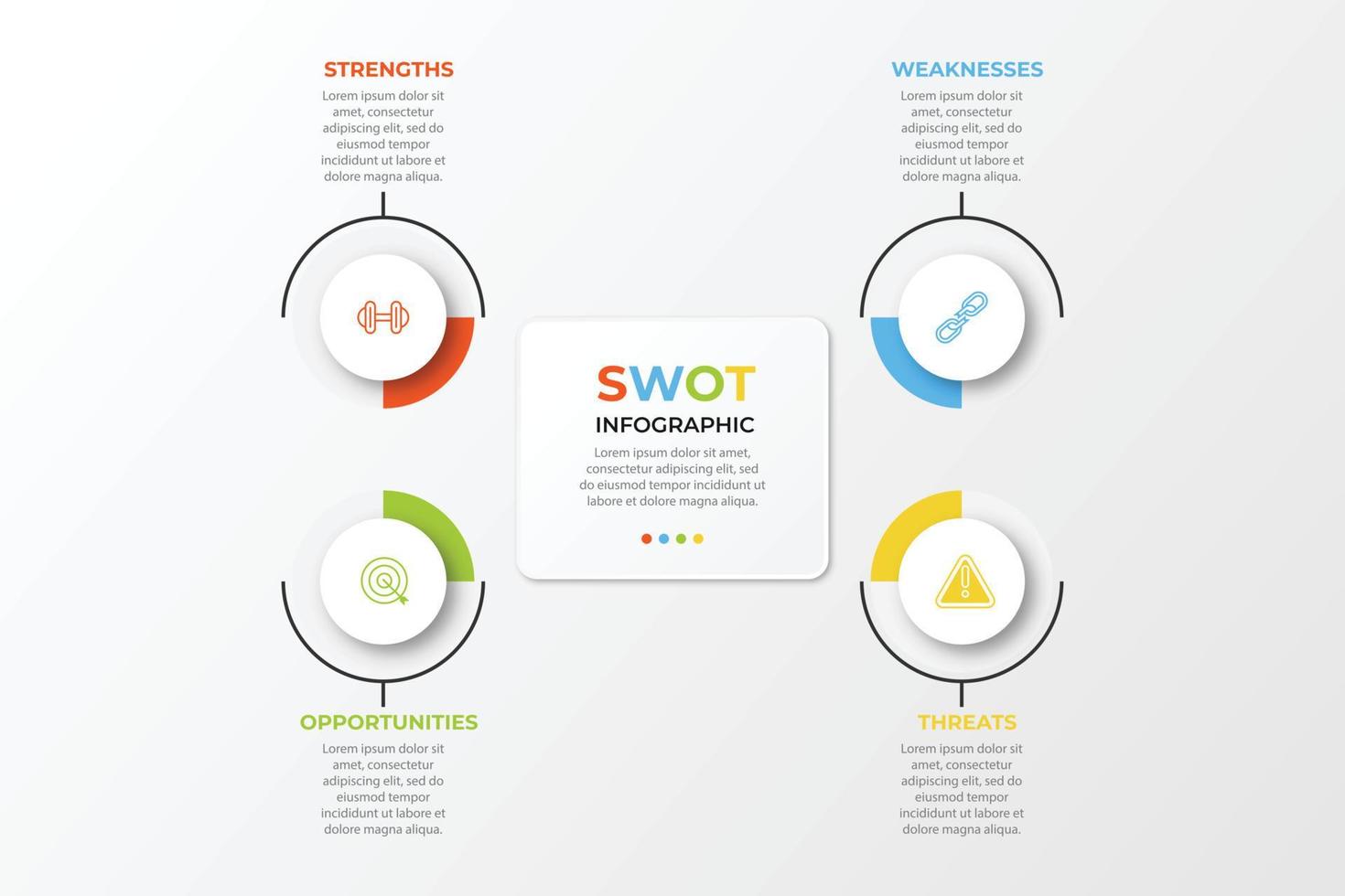Four colorful elements with text inside placed around circle. Concept of SWOT-analysis template or strategic planning technique. Infographic design template. Vector illustration.