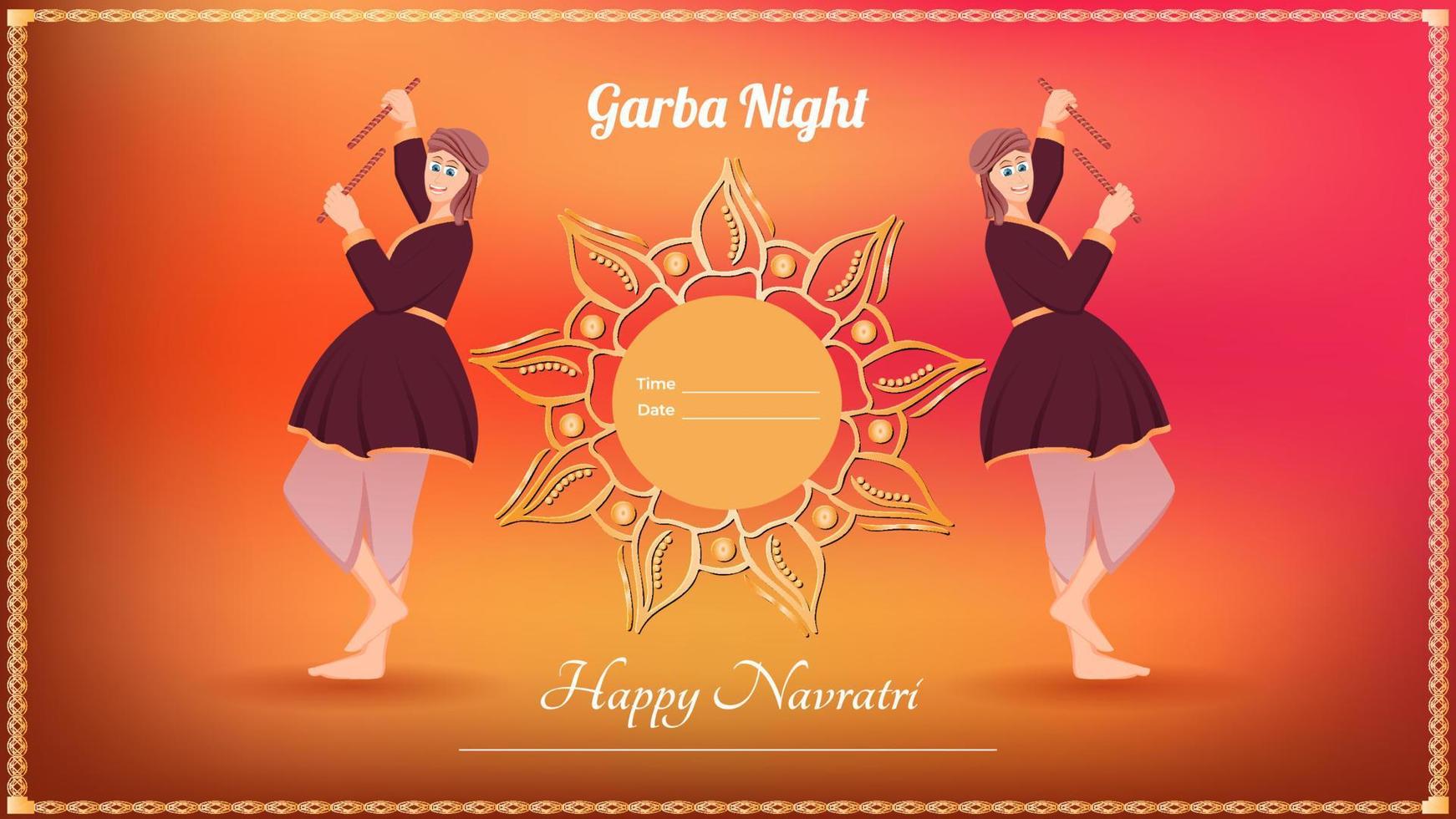 traditionally dressed men with dandiya stick, Happy Navratri vector banner.