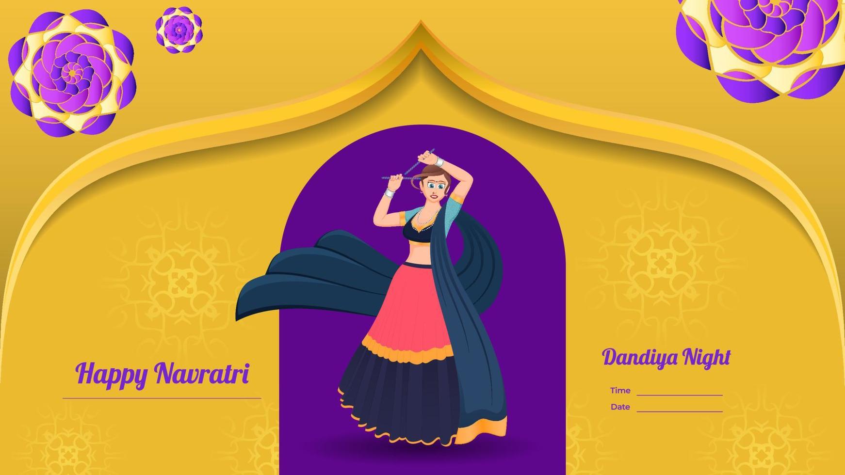 vector de niña vestida tradicionalmente, vector de banner dandiya creativo, navratri feliz.