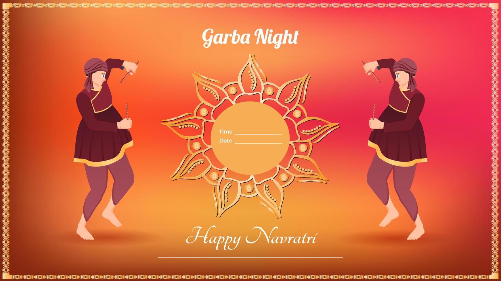traditionally dressed men with dandiya stick, Happy Navratri vector banner.