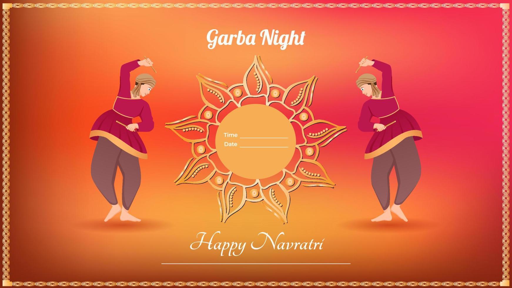 traditionally dressed men with dandiya stick, Happy Navratri vector banner.