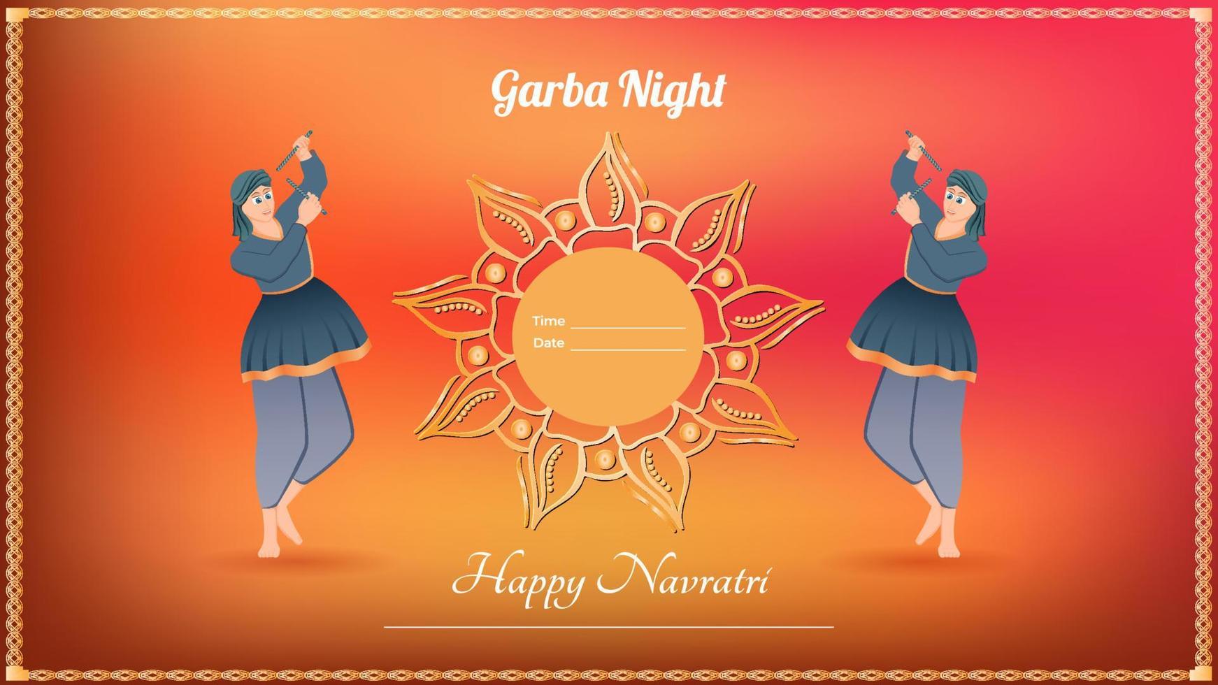 traditionally dressed men with dandiya stick, Happy Navratri vector banner.