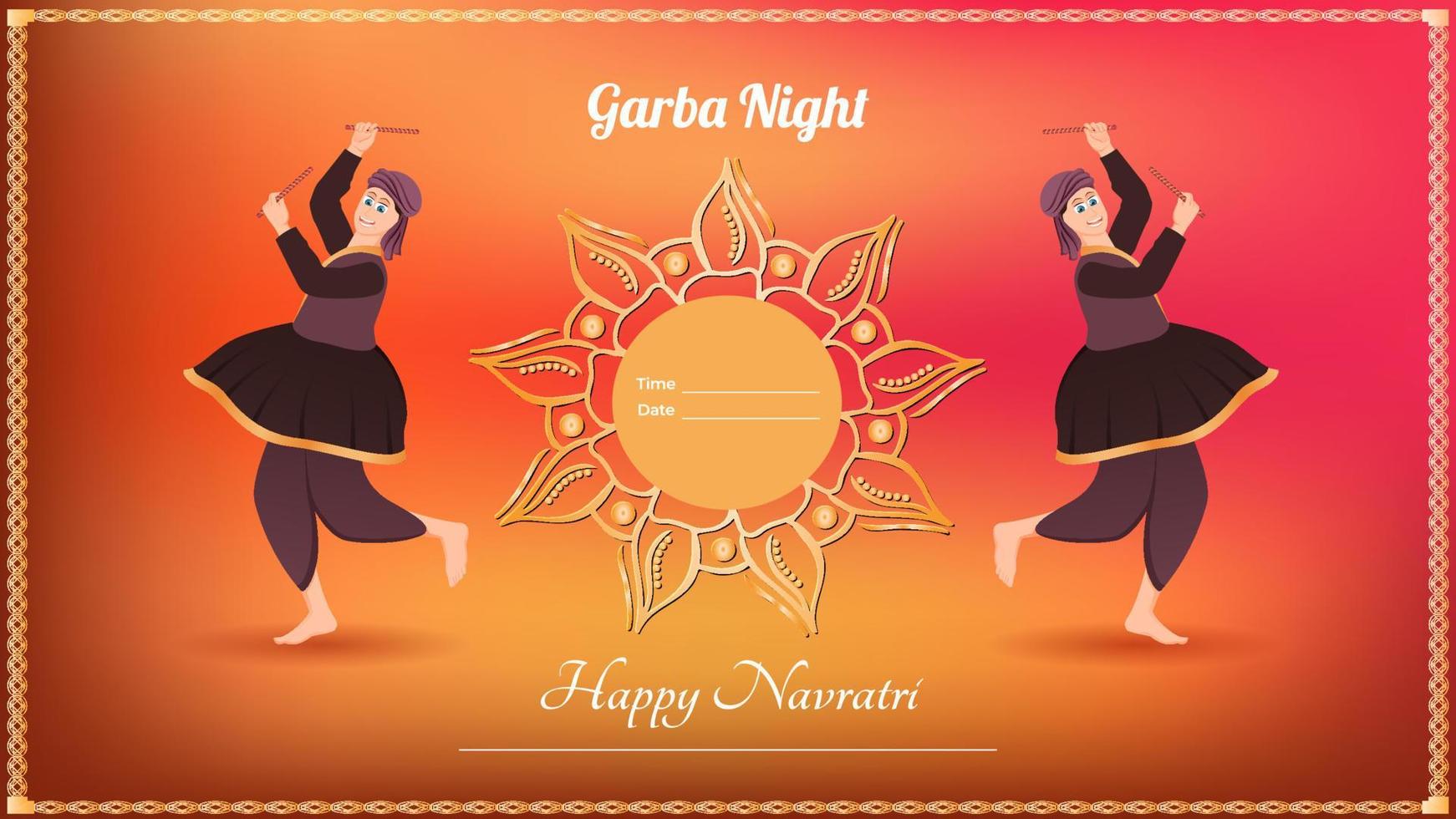 traditionally dressed men with dandiya stick, Happy Navratri vector banner.