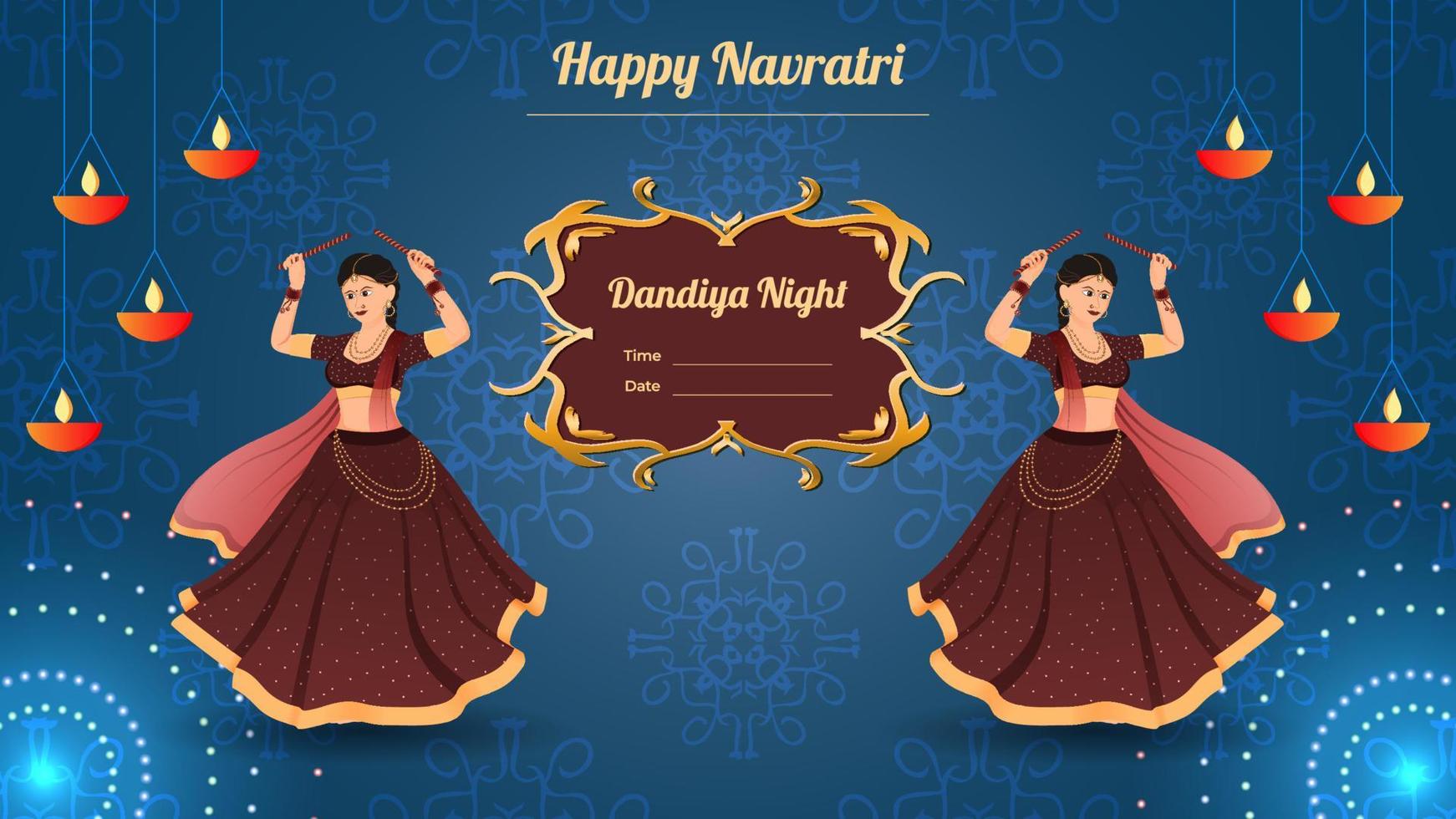 Happy Navratri, Traditionally dressed women character on dandiya night banner vector. vector