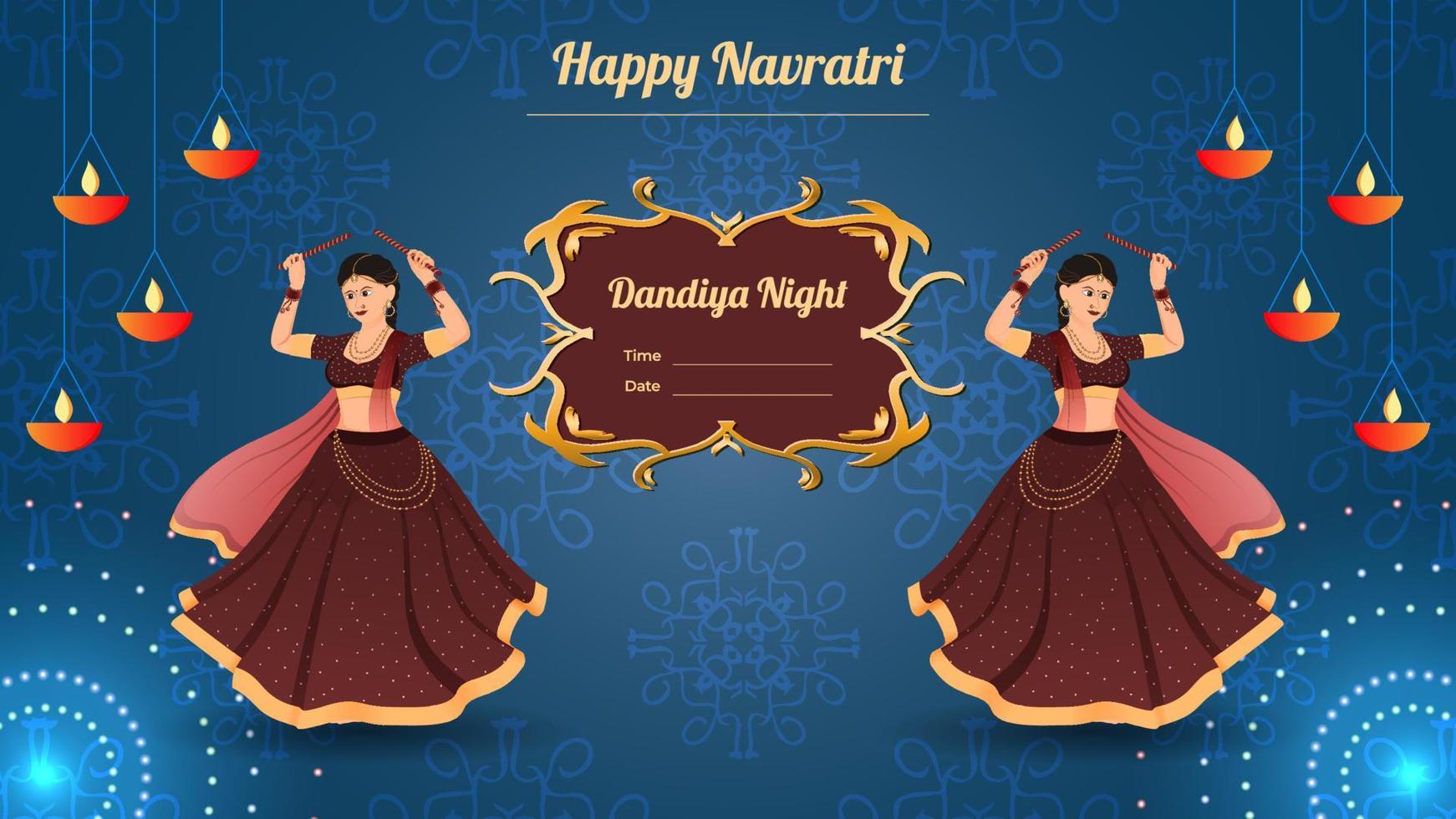 navratri feliz, personaje femenino vestido tradicionalmente en el vector de pancarta nocturna dandiya.