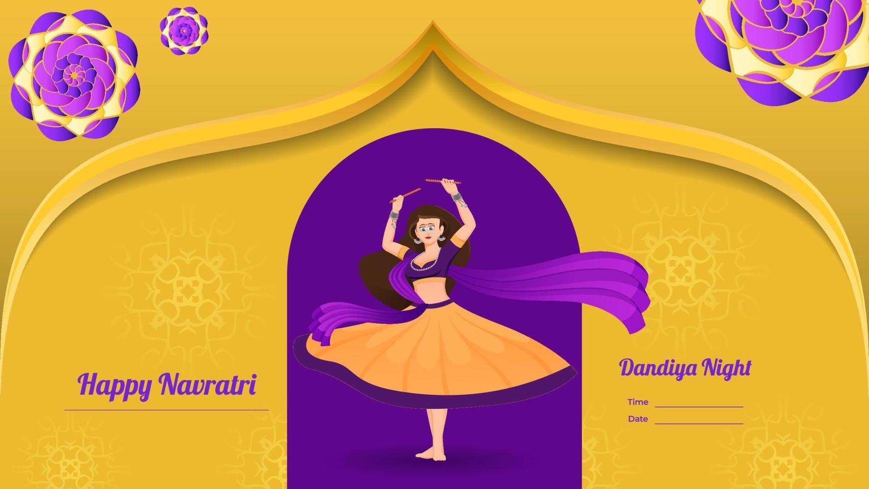 vector de niña vestida tradicionalmente, vector de banner dandiya creativo, navratri feliz.