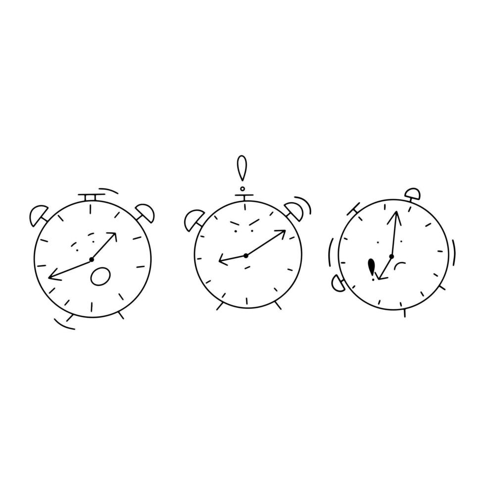 Delay concept. Set of clocks in doodle style. Alarm clocks characters. Vector illustration