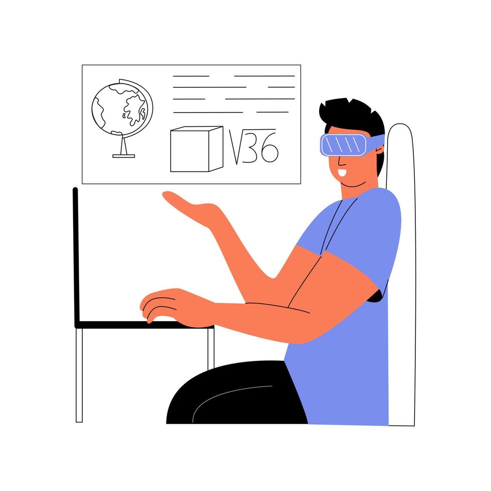 A man in vr glasses at a laptop. The concept of augmented reality. Vector illustration in a flat style.