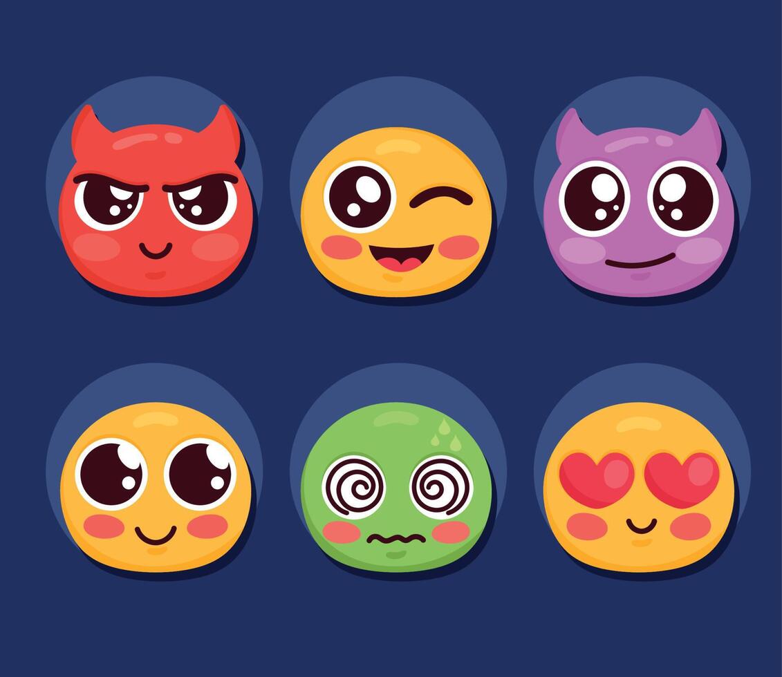 six emoticons characters icons vector