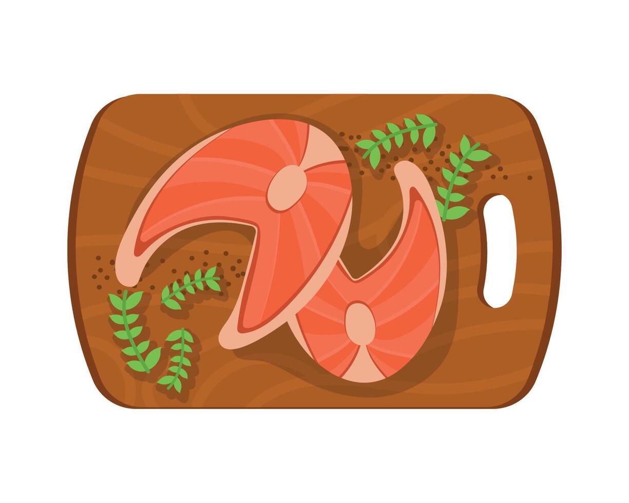 salmón en tablero de cocina vector