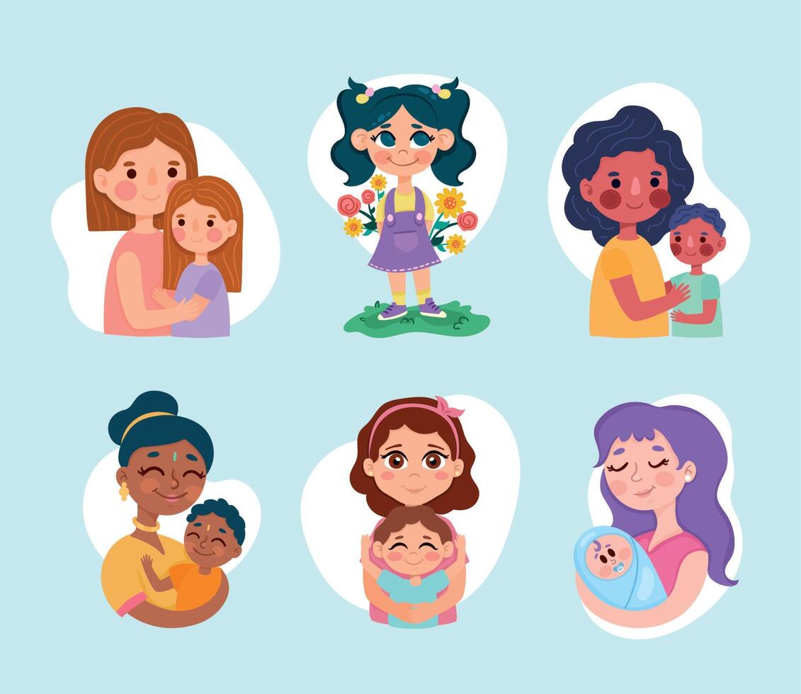 five mothers and kids vector