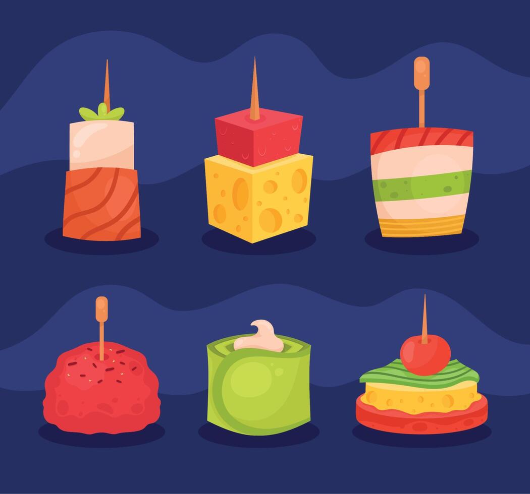 iconos de fiesta de seis aperitivos vector