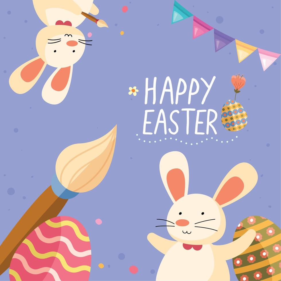 happy easter lettering and rabbits vector