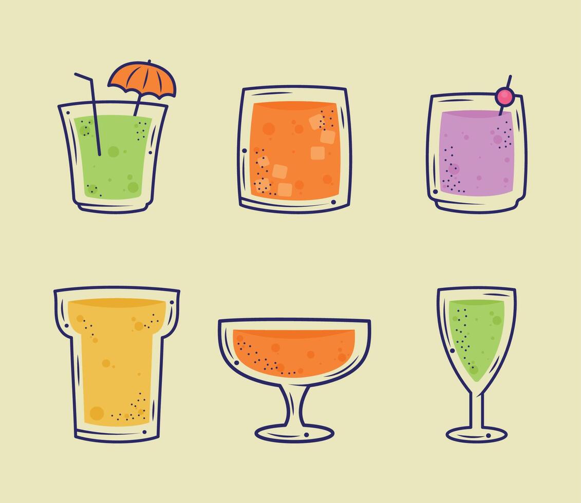 cócteles bebidas seis iconos vector