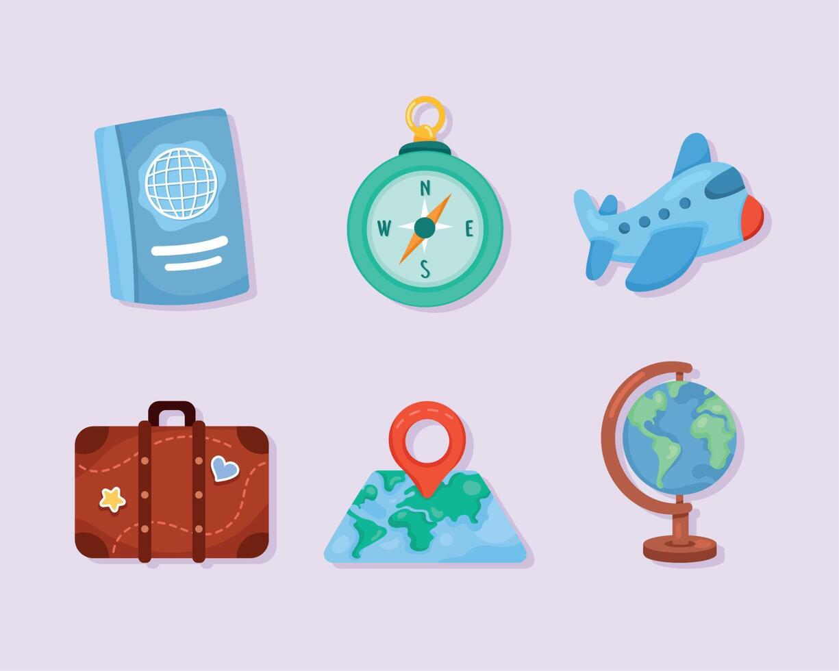 seis iconos de vacaciones de viaje vector