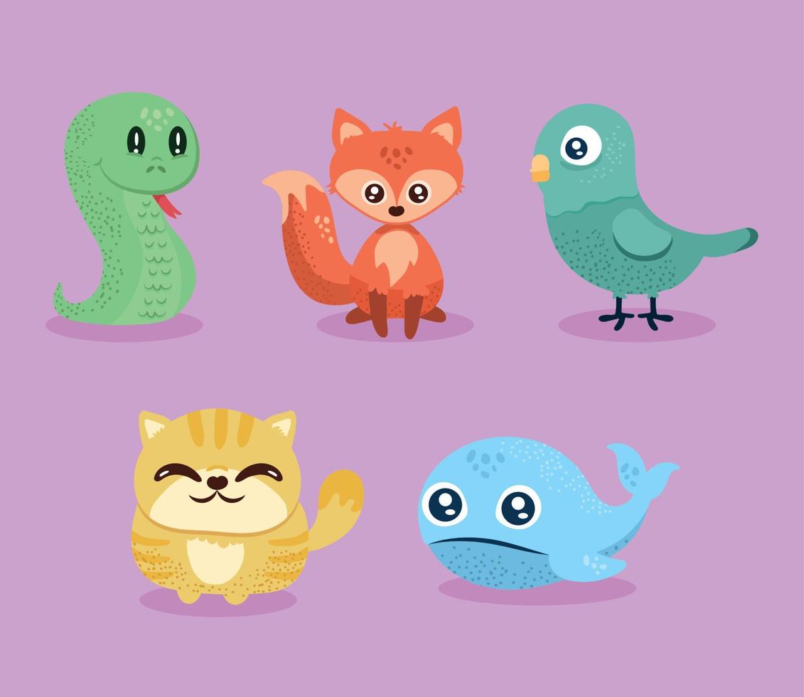 five cute animals characters vector