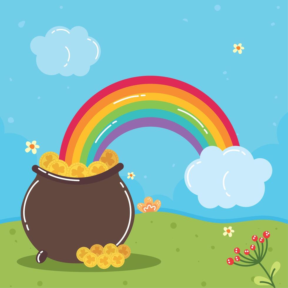 saint patricks cauldron with rainbow vector