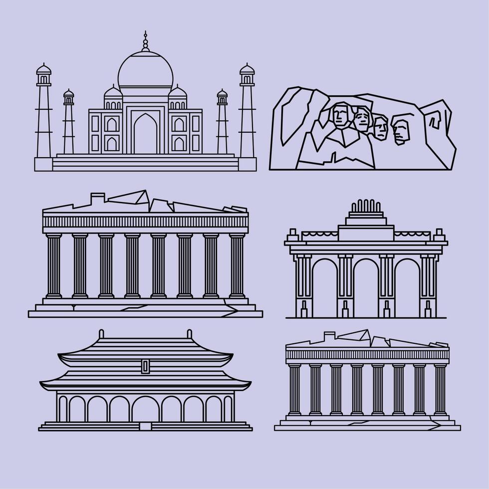 six tourism landmarks icons vector