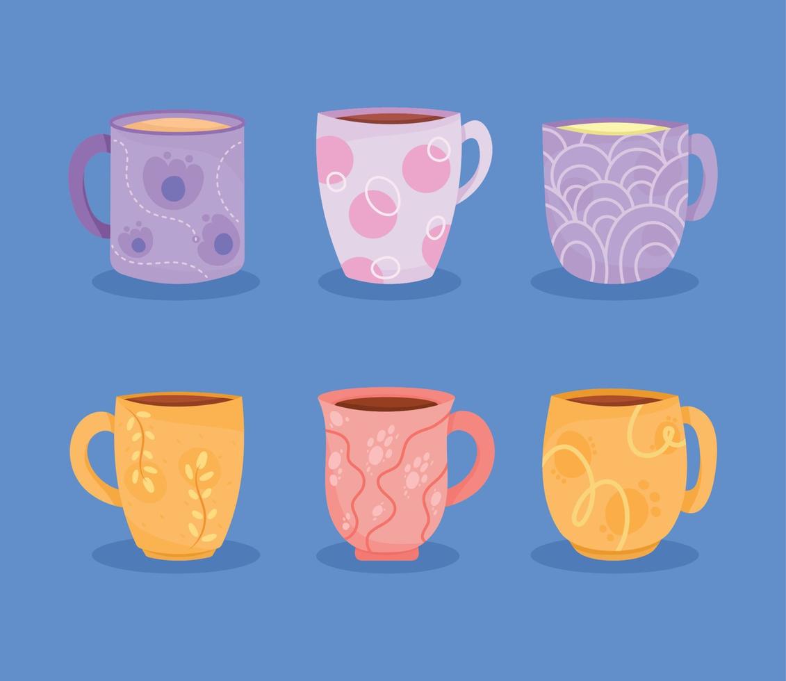 six ceramic cups icons vector