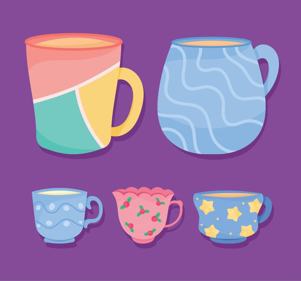 five ceramic cups icons vector