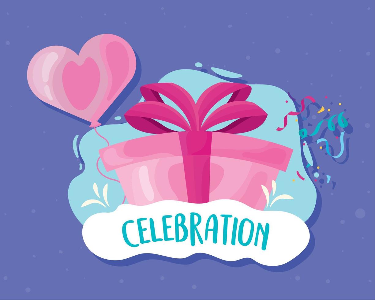 pink gift and heart balloon vector