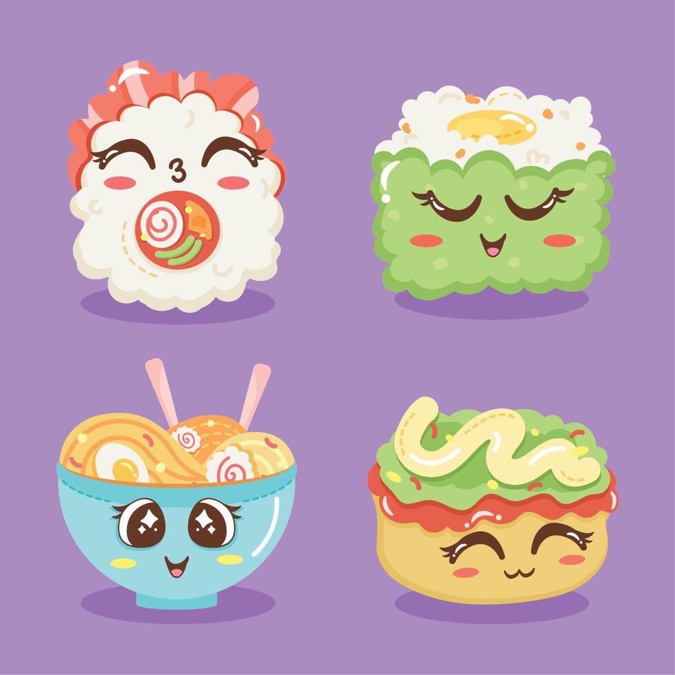 cuatro personajes de comida kawaii vector