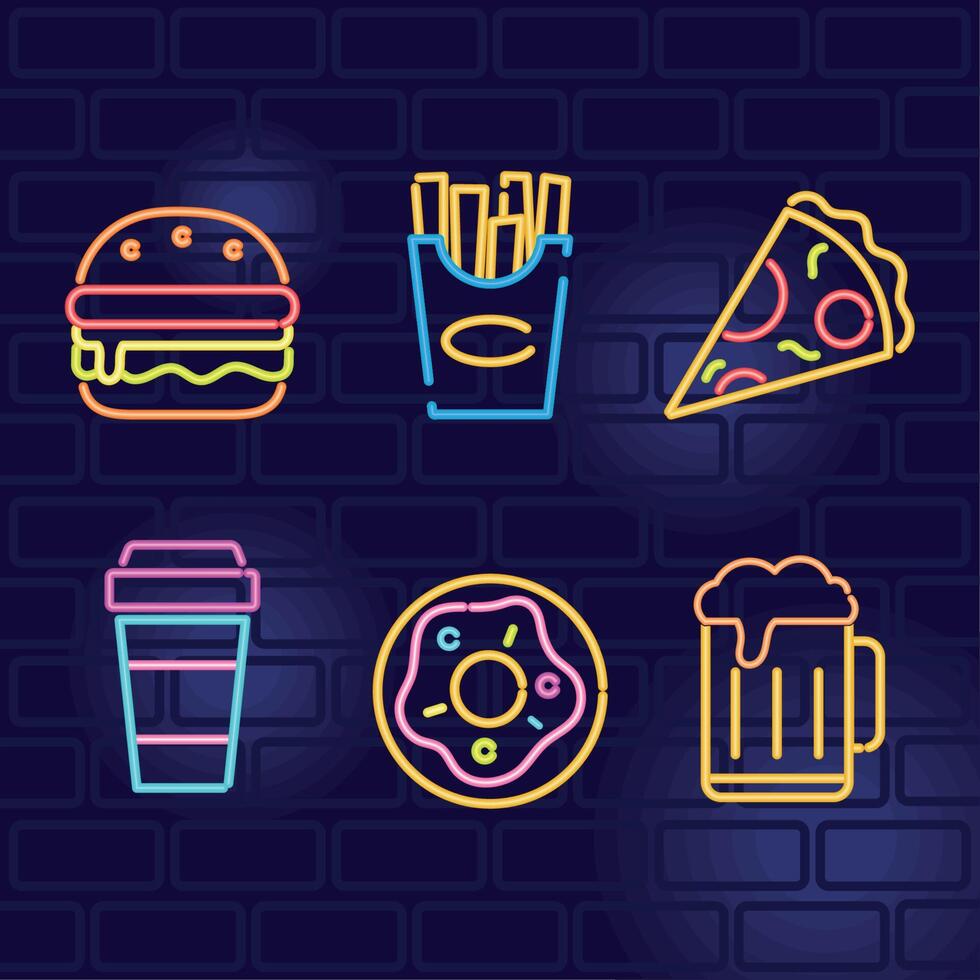 six neon lights fast food vector