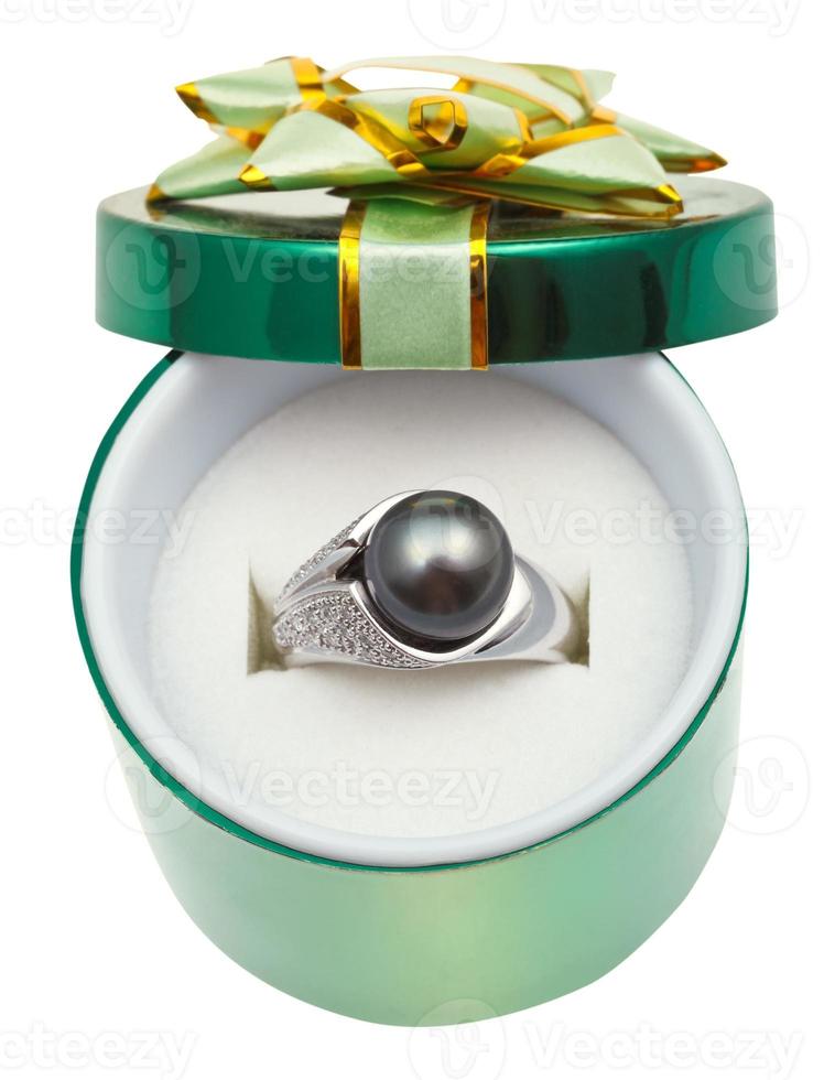 open green box with black pearl in white gold ring photo