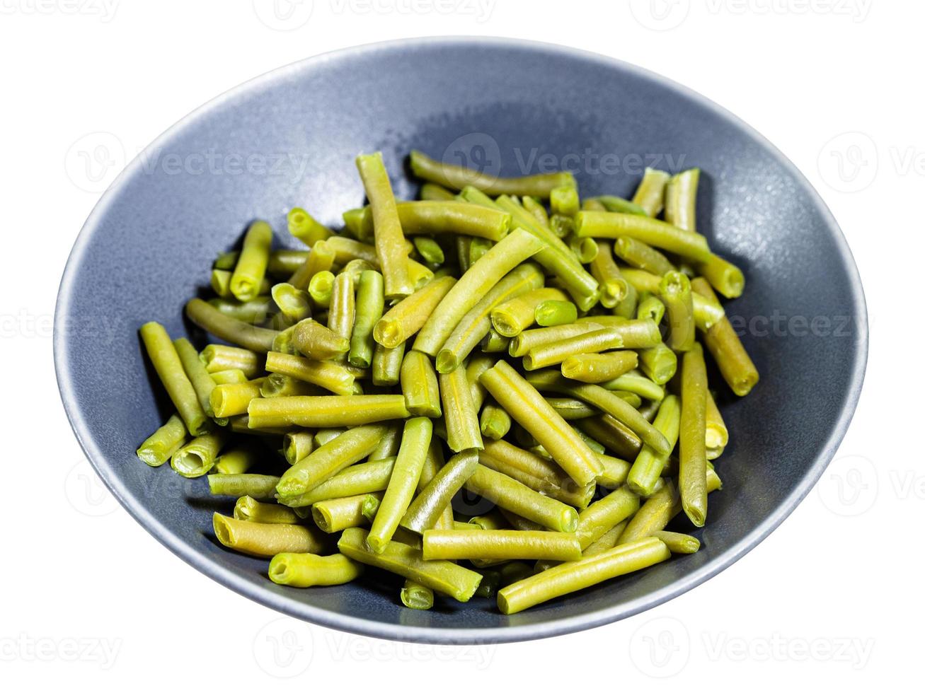 portion of boiled green bean in gray bowl isolated photo