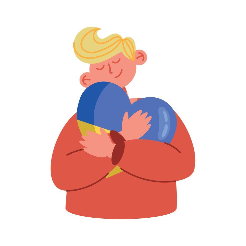 blond man huging ukraine heart vector