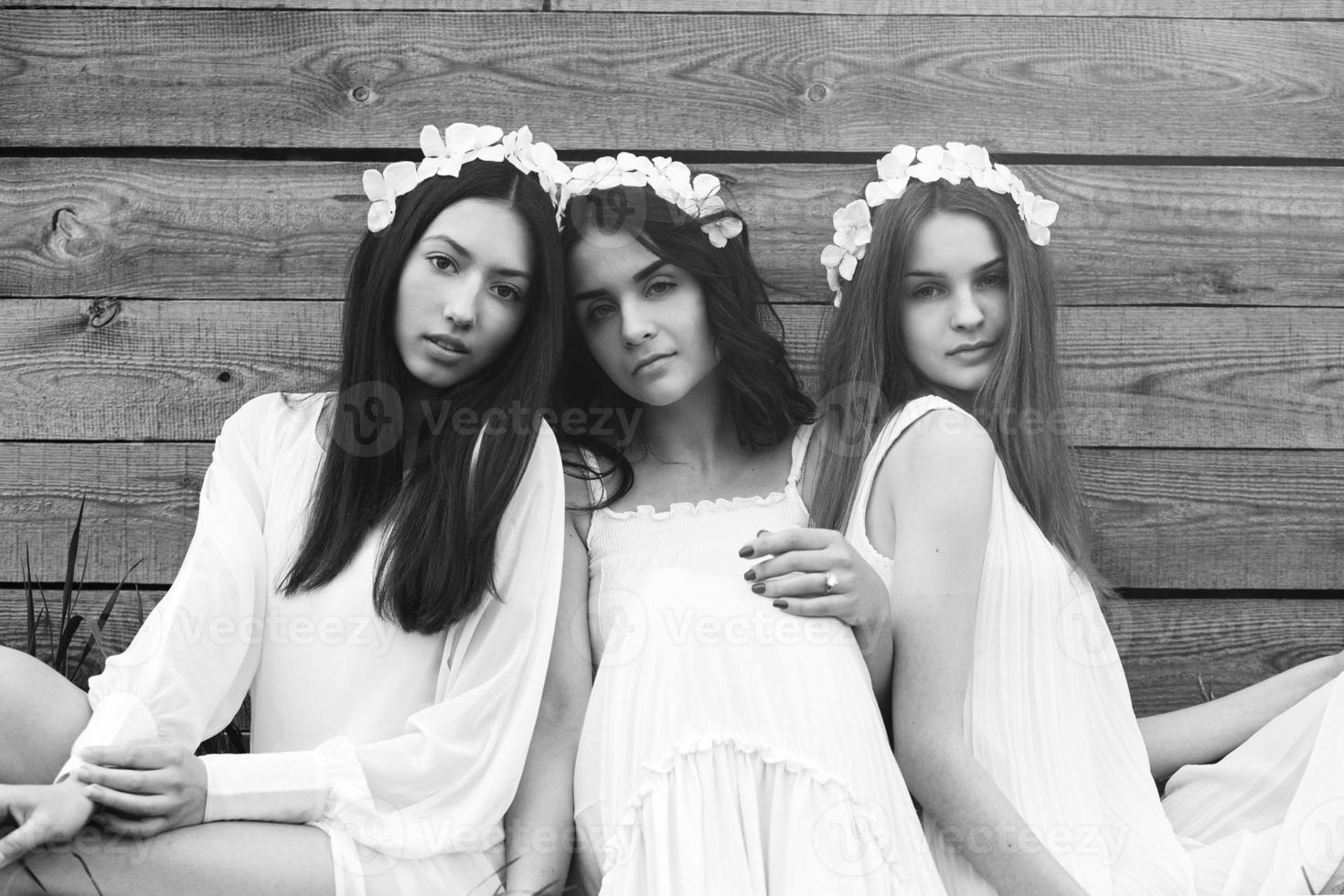 Three charming girls  near a wooden house photo
