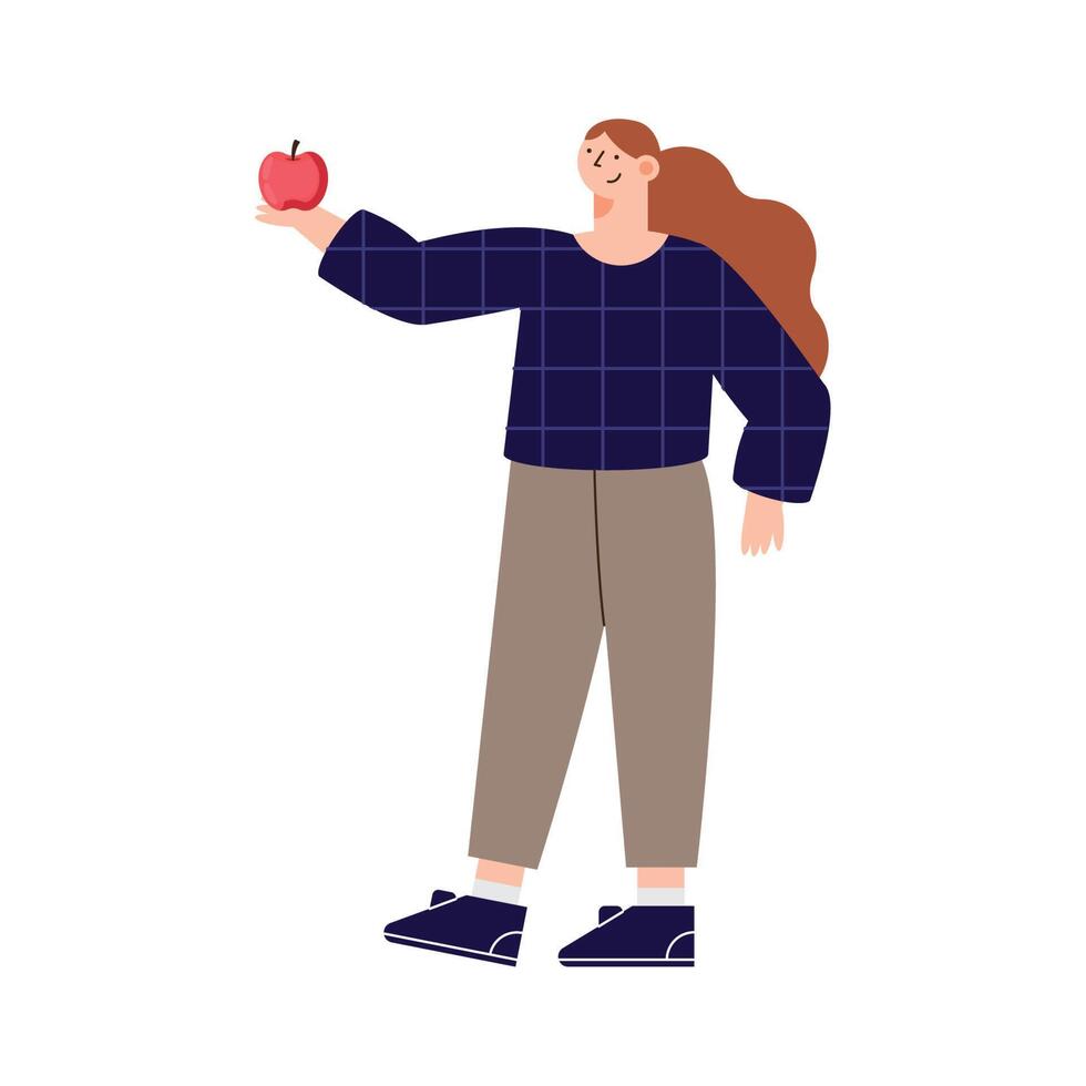 mujer levantando manzanas vector