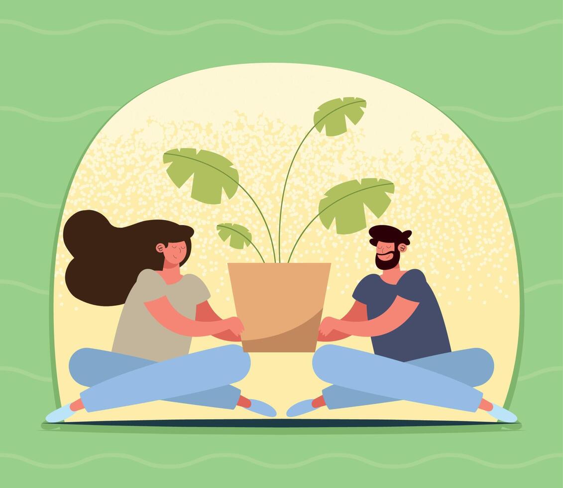 young couple with houseplant vector