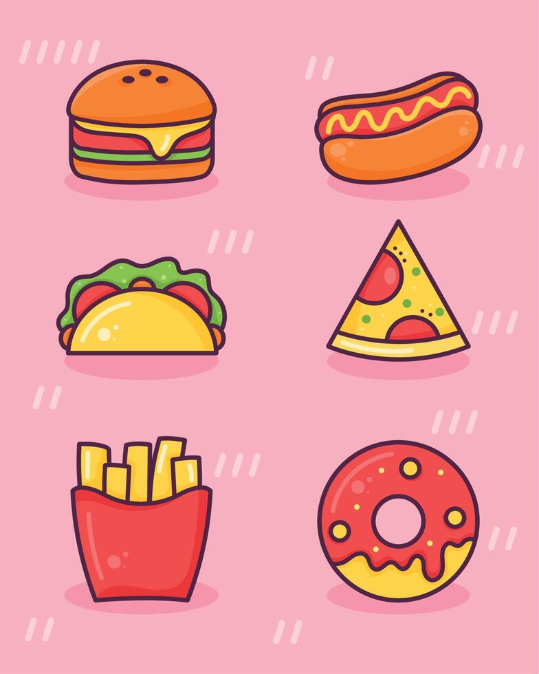 seis iconos de comida deliciosa vector