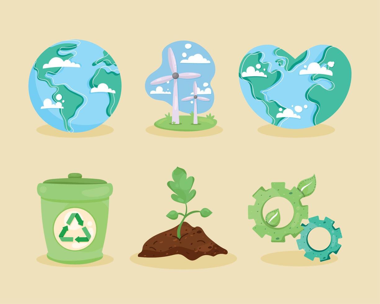 six save the planet icons vector