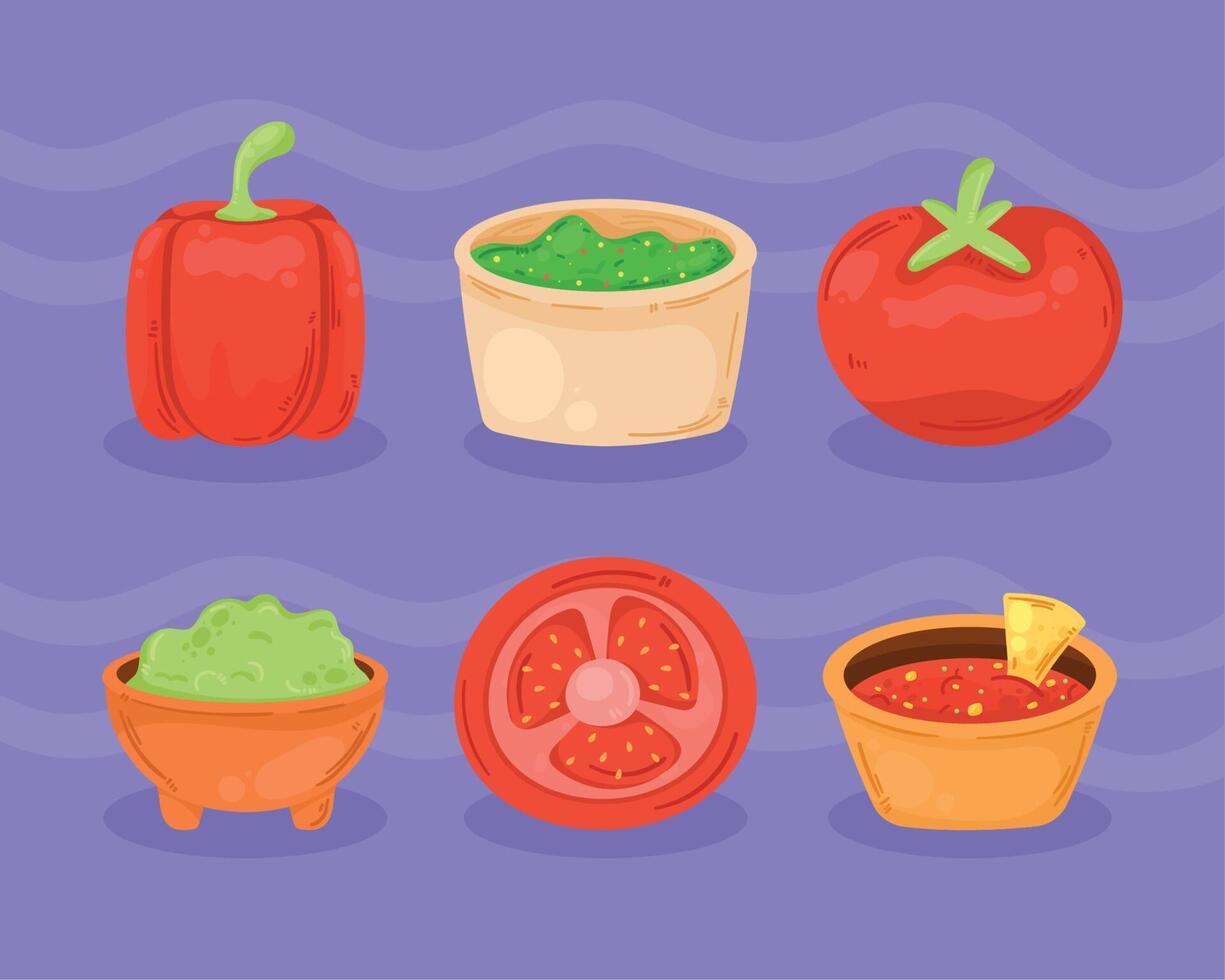 six mexican food icons vector