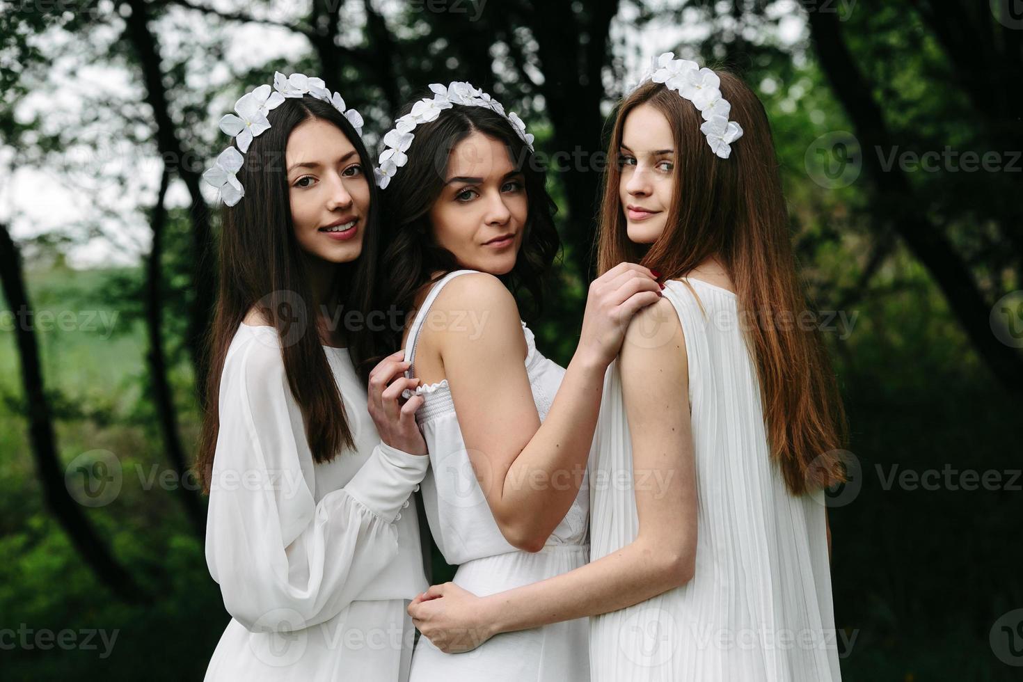 Three charming girls  near a wooden house photo